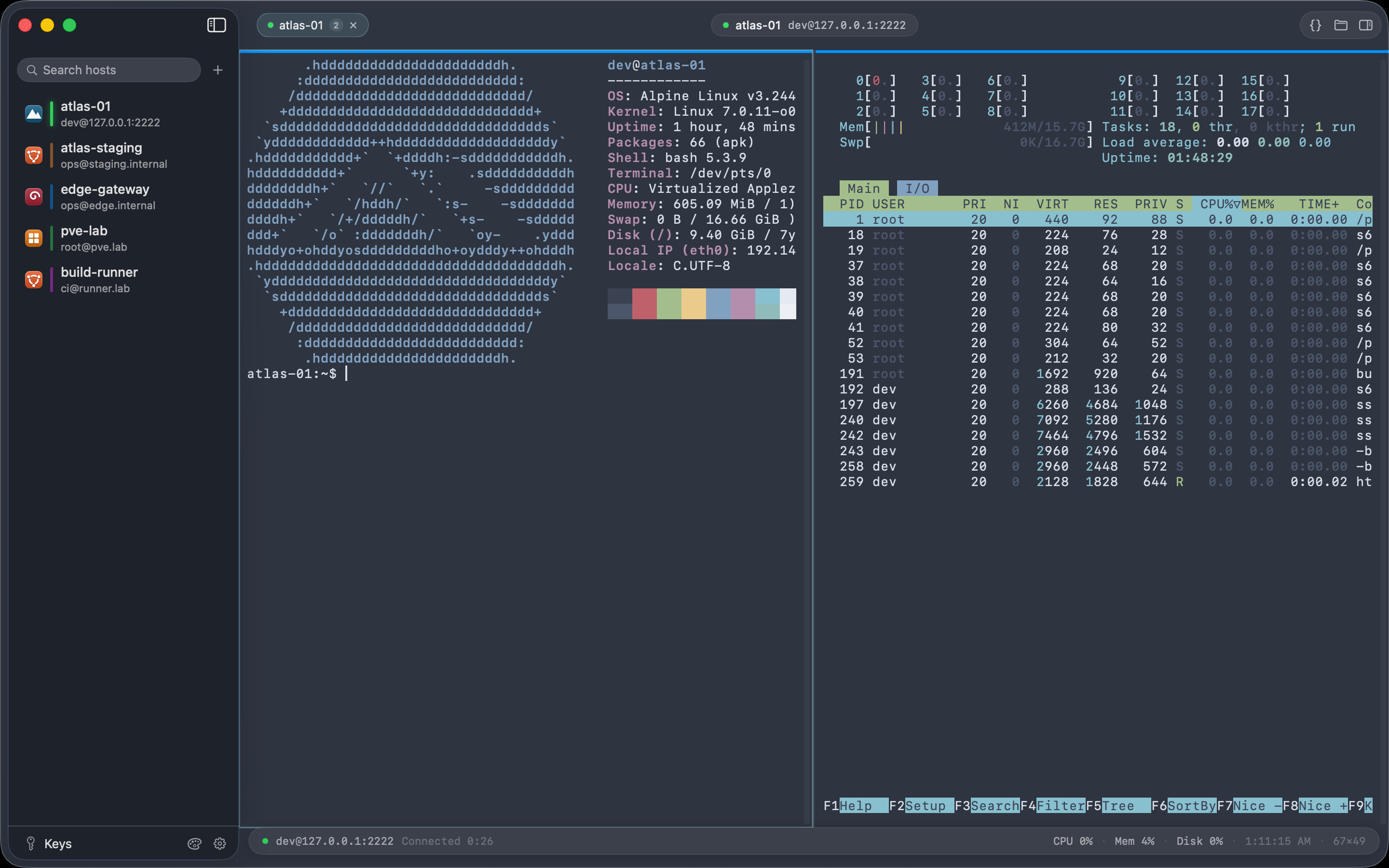 Berth main window: host sidebar, a session on atlas-prod showing fastfetch, and htop in a split pane sharing the same connection
