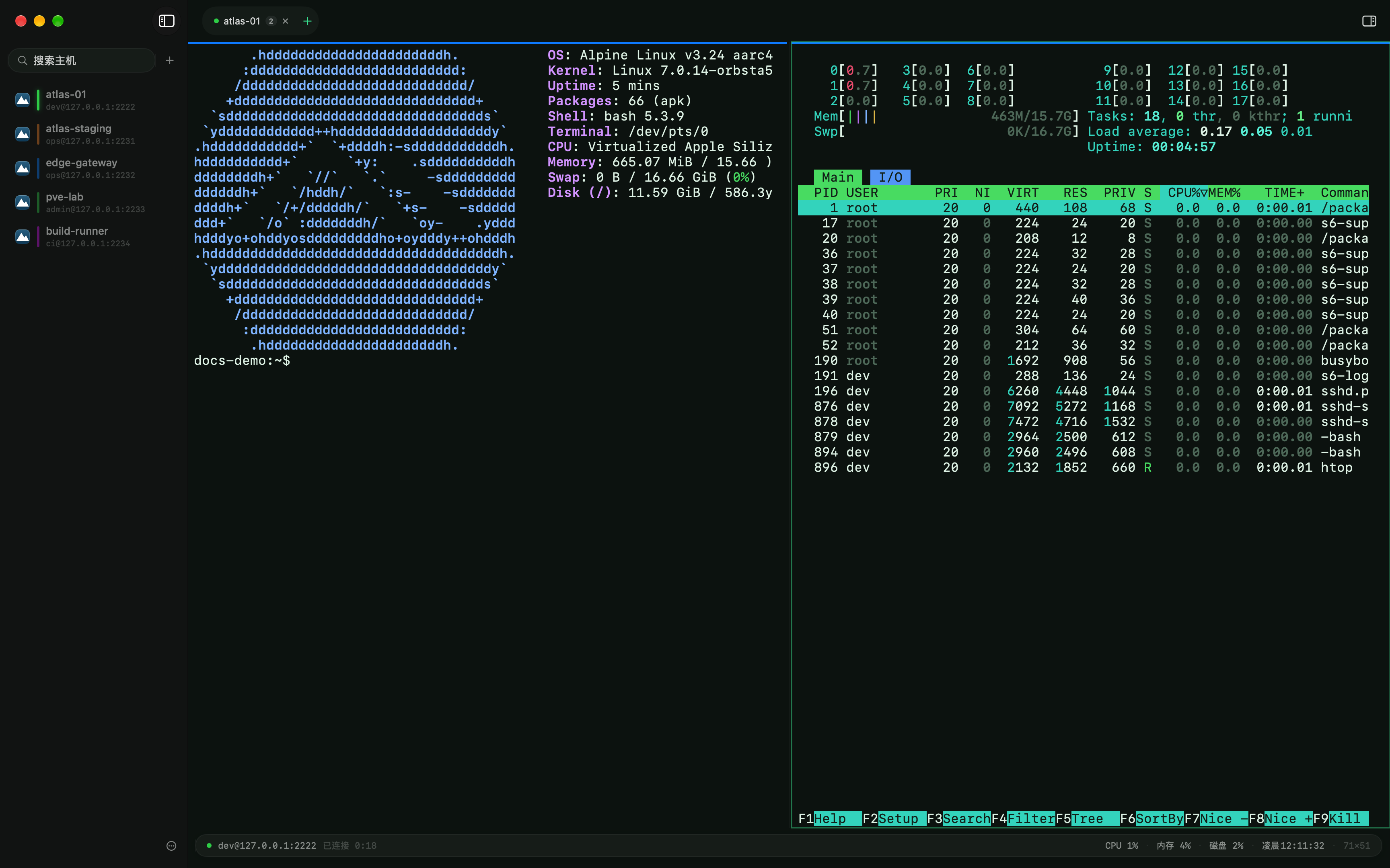 Berth main window: a redacted demo host showing fastfetch and htop in split panes
